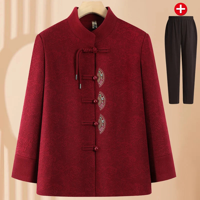 奶奶春装外套老太太立领唐装妈妈洋气上衣中老年人喜庆红婚宴女装