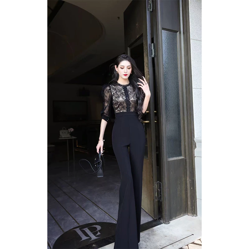 尤克菲儿 原创高定设计蕾丝拼接长裤修身高腰显瘦气质轻奢连体裤