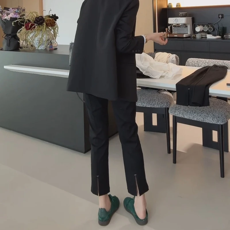 新款松紧腰薄款九分小黑裤黑色修身弹力直筒烟管裤LK2501726