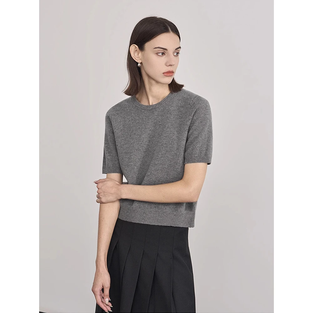 法式简约灰色正肩短袖针织衫女春夏款气质圆领百搭收腰短款上衣薄