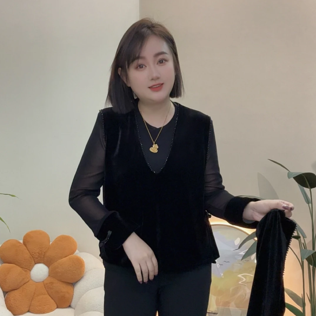 小爽家^大码气质国风盘扣丝绒百搭时尚无袖手工串珠舒适宽松马夹