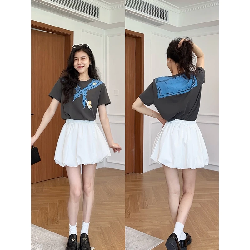 张阿星共枕夏风设计感印花短袖棉T+花苞裙裤W425A09502-1