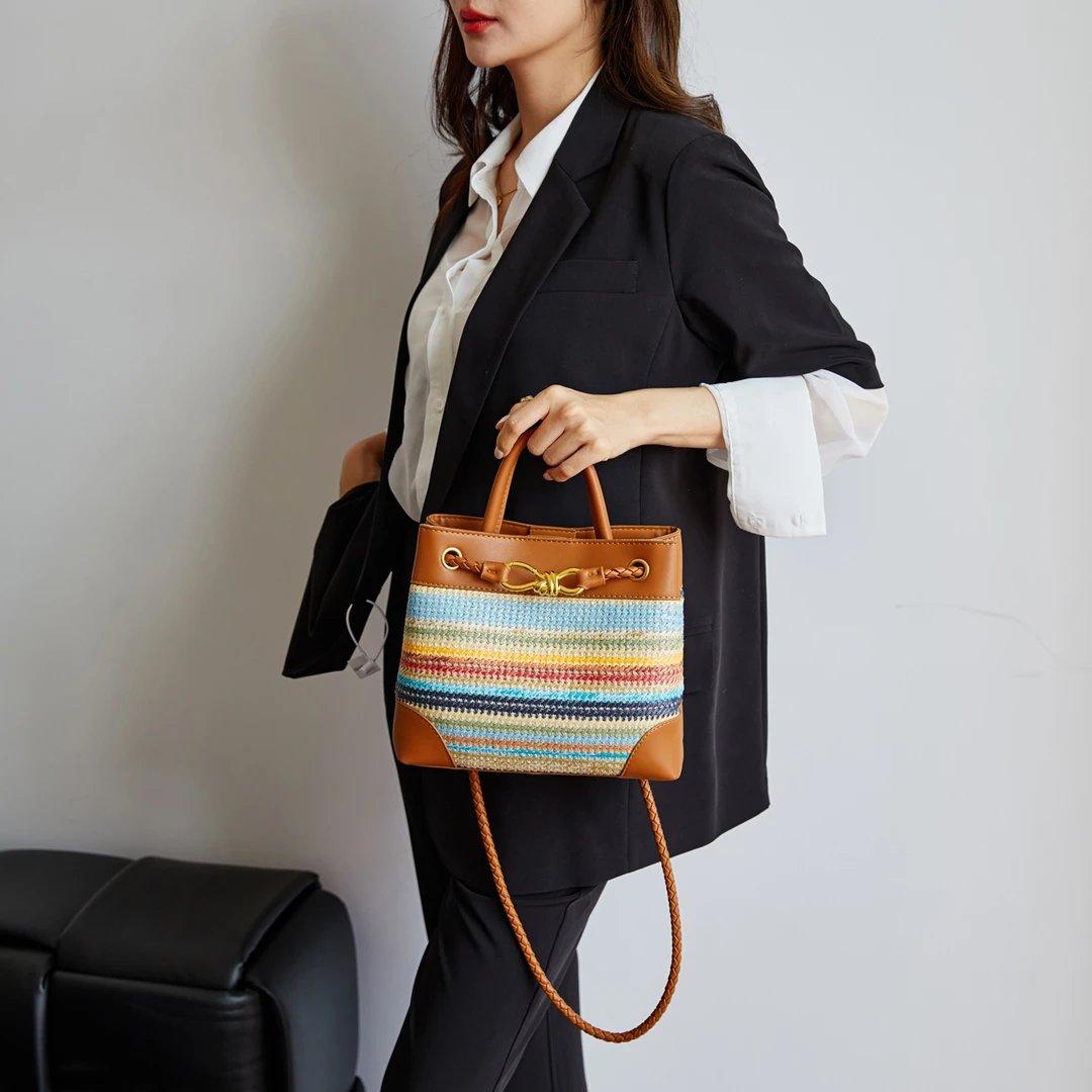 拉链撞色双层款编织托特包百搭单肩包手提包斜挎包