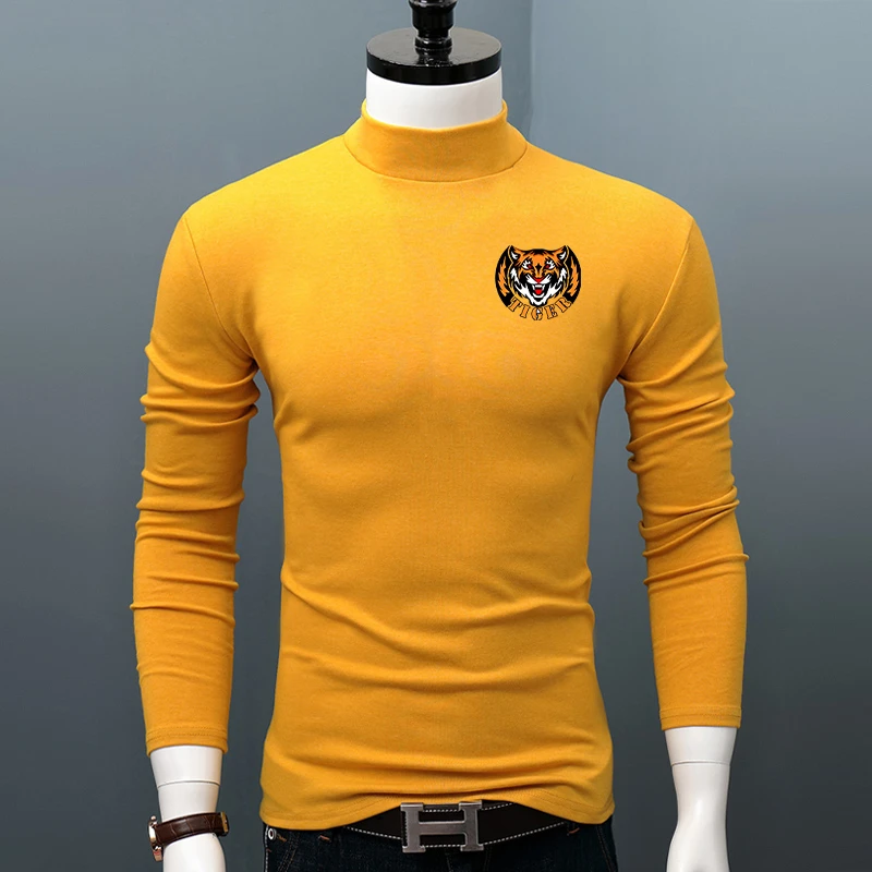 保暖长袖修身中领大码潮流秋衣印花T恤百搭男士秋冬高领打底薄款
