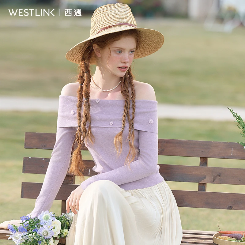 绵羊毛温柔文艺立体小花装饰翻折一字肩毛衣女2025春季针织衫