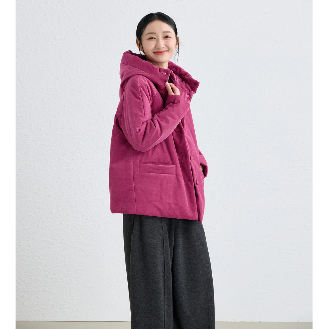 晴雅/十木米原创百分百长绒棉灯芯绒休闲文艺连帽棉服短外套冬款