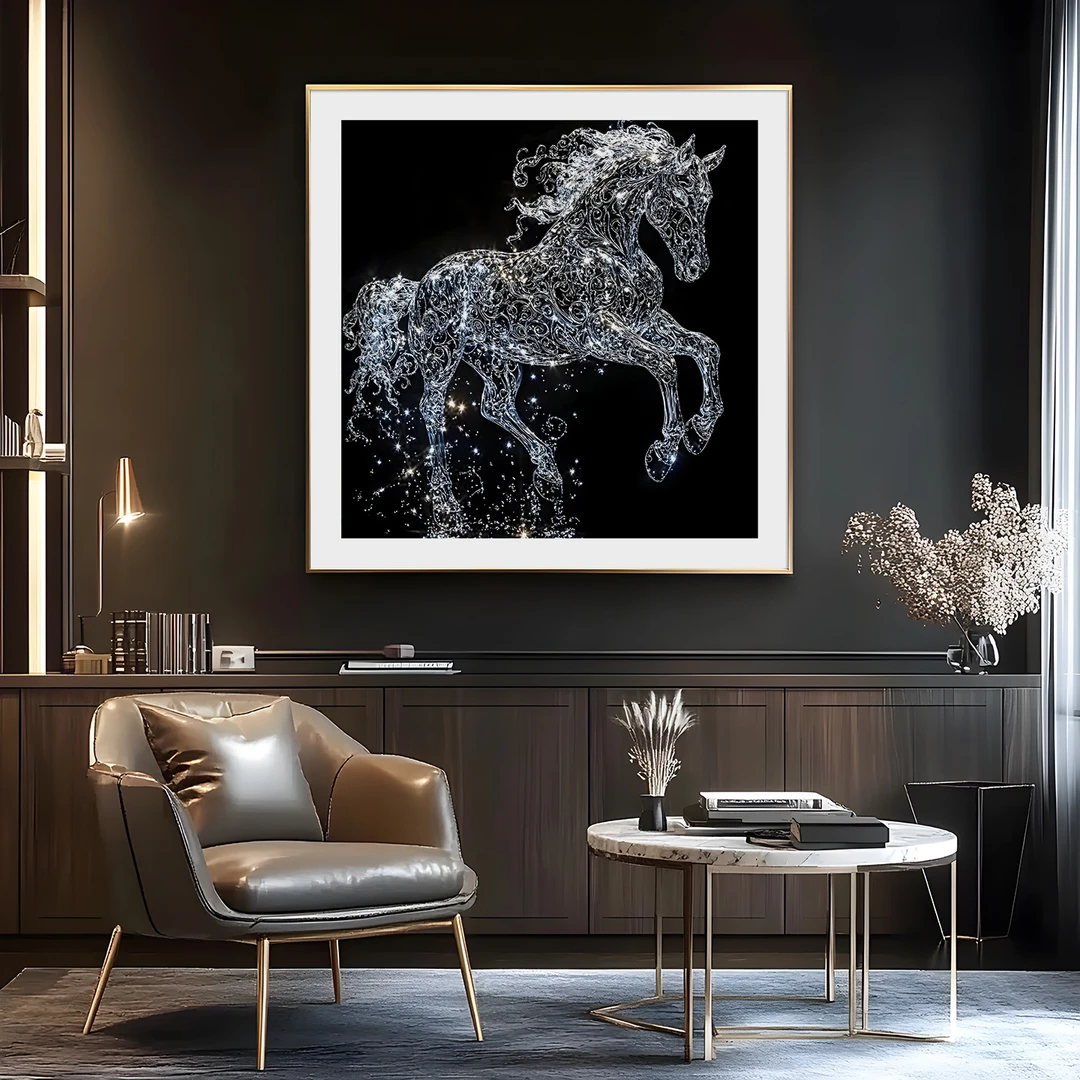黑色水晶马装饰画现代轻奢办公室挂画客厅沙发背景墙壁画方形画
