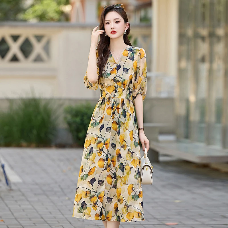 品牌撤柜清仓女装V领印花高腰显瘦连衣长裙时尚减龄半袖中长裙