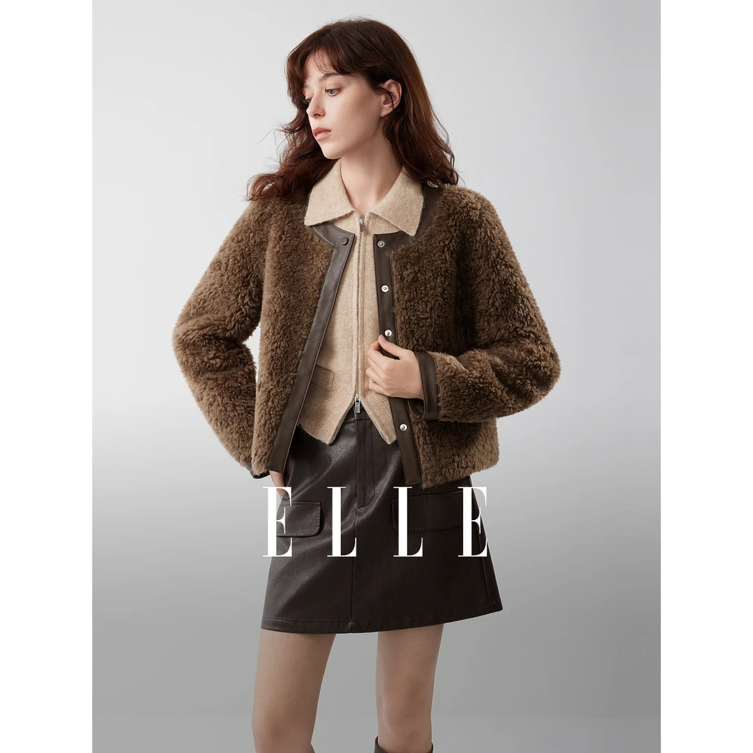ELLE女装复古绵羊毛皮革拼接毛绒外套2025冬新款通勤上衣EF52672