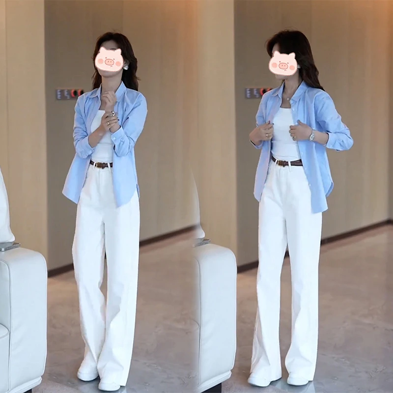 法式轻奢减龄长袖衬衫女春夏新款设计感小众上衣阔腿牛仔裤两件套