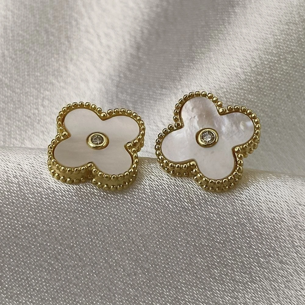 合金耳饰 四叶草耳钉高级感锆石镶嵌耳环女小众设计耳饰时尚百搭