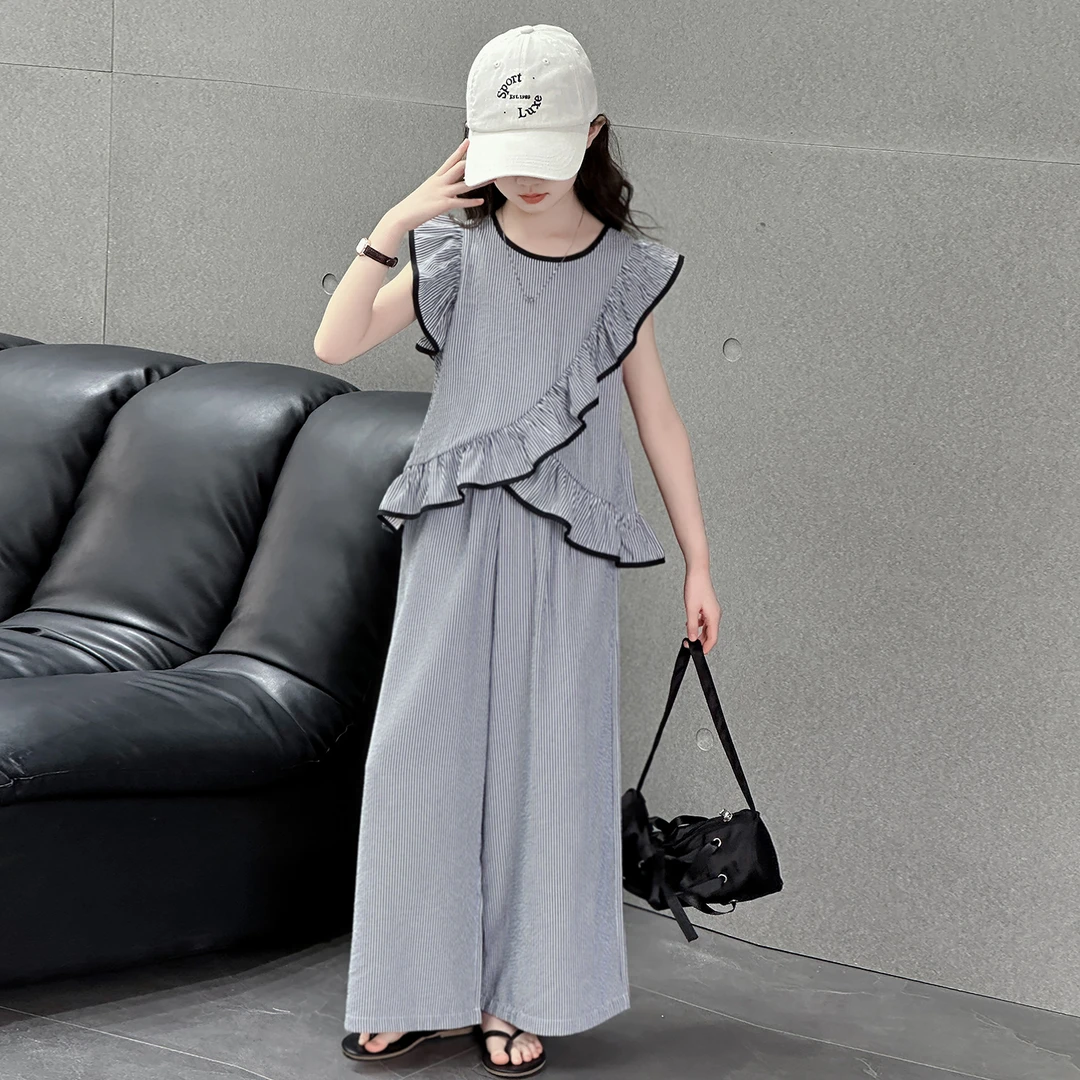 女童条纹荷叶边背心套装2025夏季新款大儿童飞袖上衣阔腿裤两件套