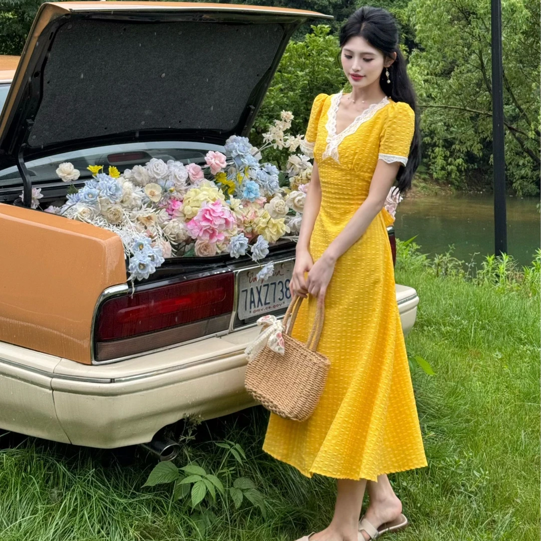 小八定制【奶黄椰蓉】25夏季新款法式减龄优雅格子连衣裙 00050 LSC