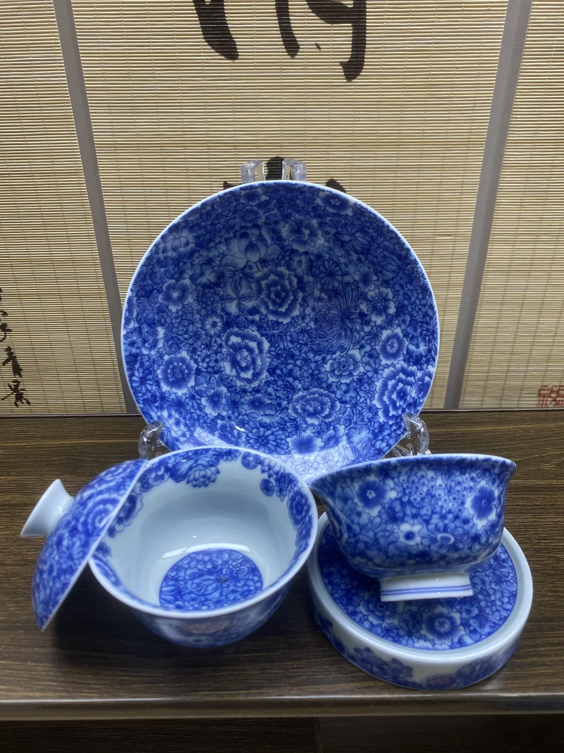 景德镇陶瓷高档万花4件套繁花似锦功夫茶具盖碗盖置压手杯壶承