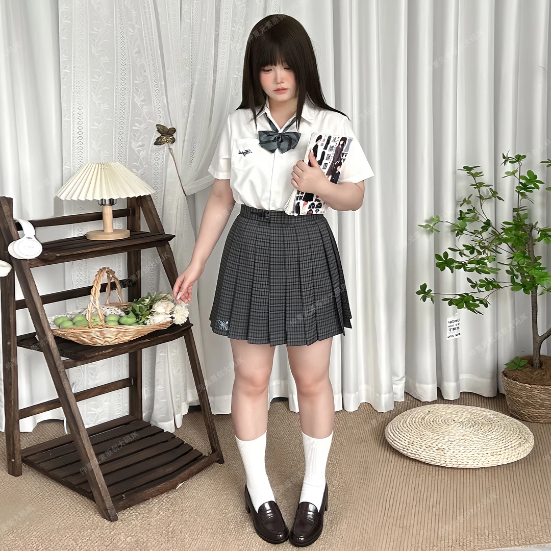 仲夏元素原创jk制服日系学院风校供感短袖衬衫格裙大码胖mm套装女