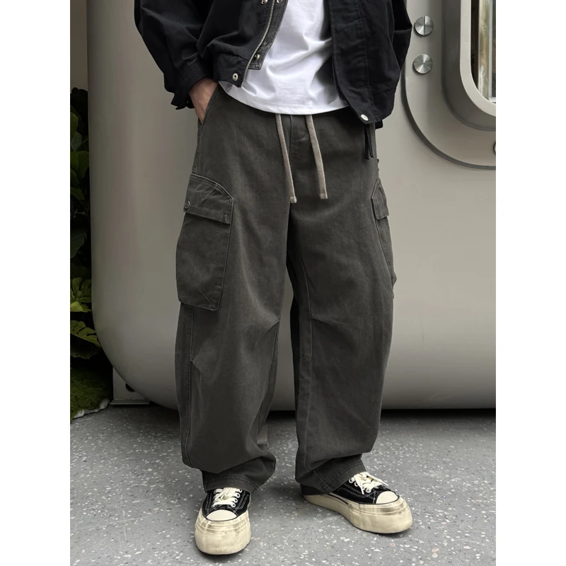 工装裤男士秋季美式多口袋拼接机能伞兵裤直筒水洗工装裤