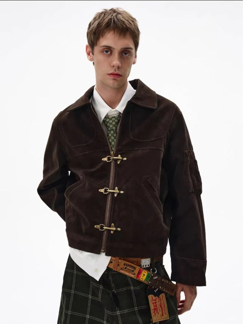 老钱风解构拼接复古金属扣短款夹克外套【男女同款】LK80136