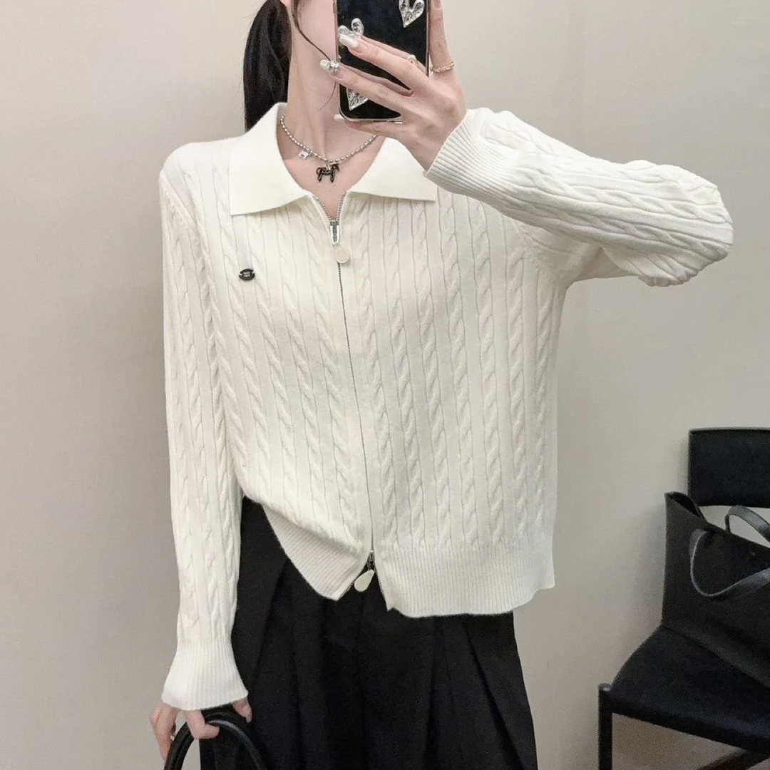 7539秋季新款翻领麻花针织衫女秋季新款韩版毛衣开衫长袖上衣