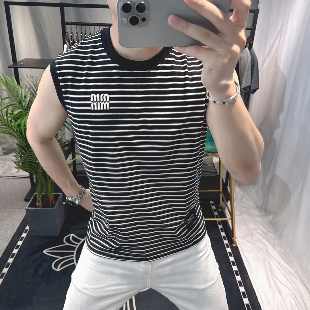 欧洲站夏季2025新款条纹背心男修身时尚无袖t恤男士坎肩潮牌刺绣