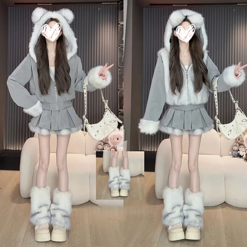 韩版新款气质高级感减龄连帽短款两穿外套女秋冬高腰灰色短裙套装