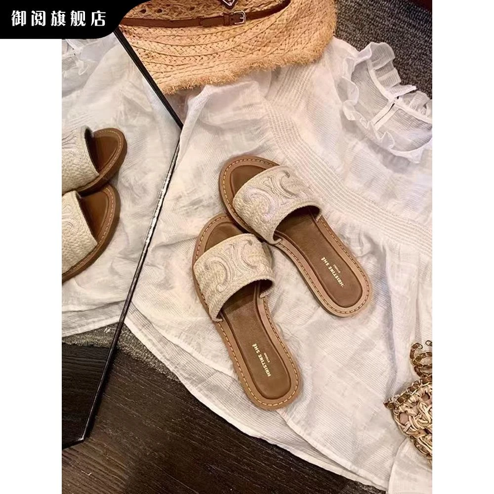 御阅编织刺绣2025年秋季人字拖时尚秋季外穿度假风格沙滩平底凉鞋