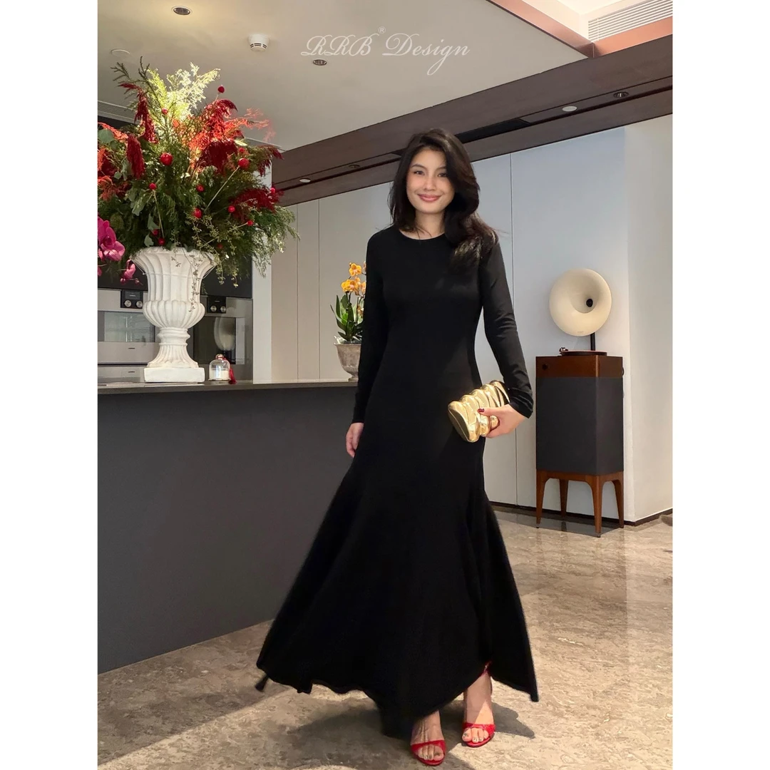RRB Design 秋冬高级经典百搭轻奢赫本风气质黑色鱼尾大摆连衣裙