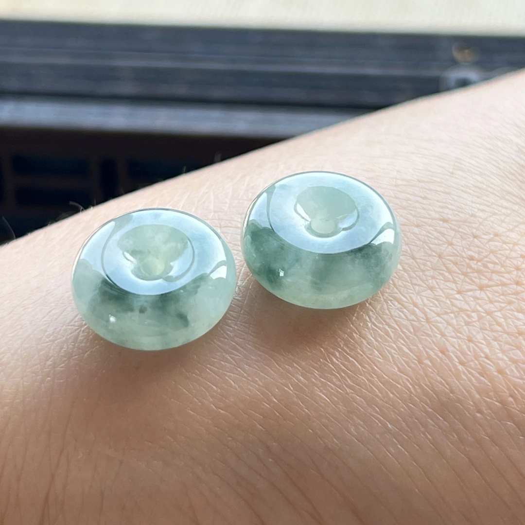 天然翡翠冰飘花平安扣吊坠缅甸a货小扣子diy耳饰手绳面包扣（一对）