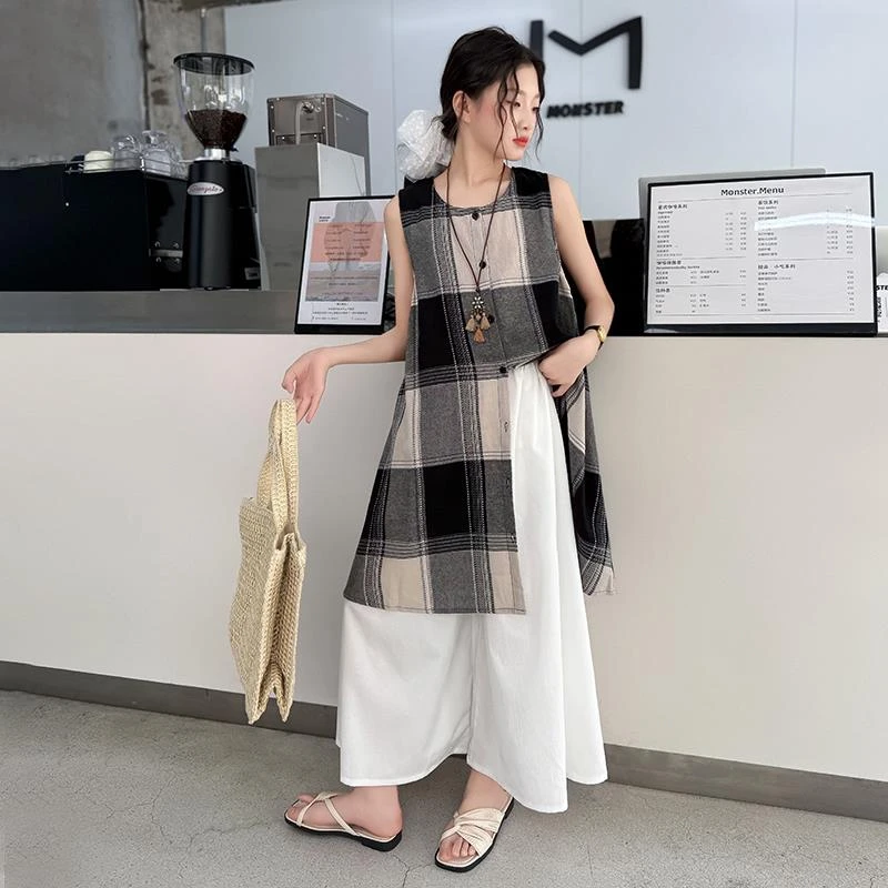 童装女童夏季套装裙2025新款洋气薄款女孩夏装格子裙阔腿裤两件套