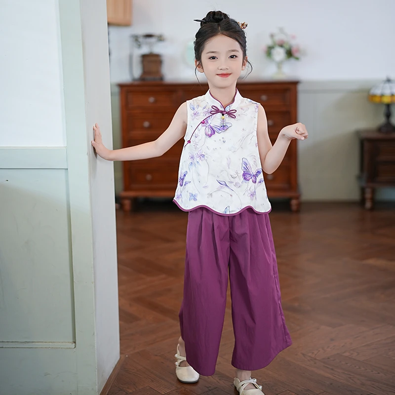 53567女童汉服套装改良旗袍上衣阔腿裤2025夏款中国风民国两件套