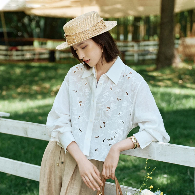 EP雅莹女装 100%亚麻镂空绣花短款白衬衫上衣 夏季新款2111A