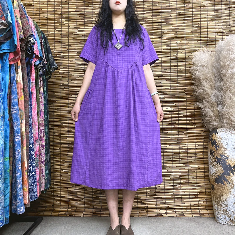 2872夏季新女装休闲文艺复古时尚宽松显瘦过膝拼接紫色大码连衣裙
