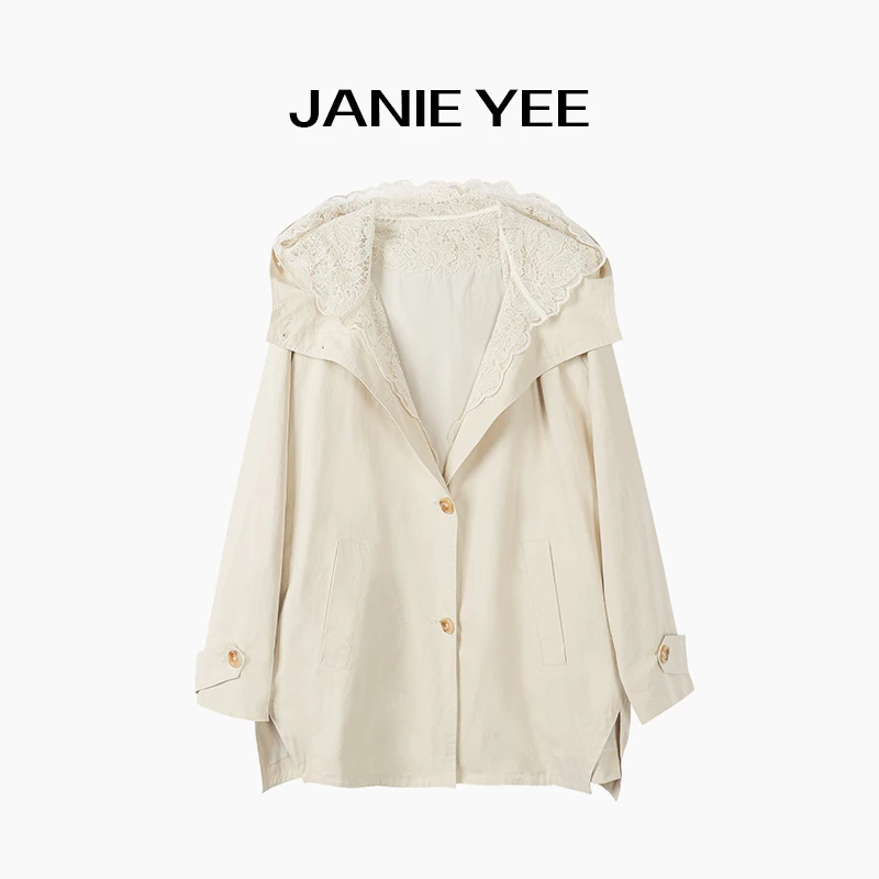 Janie Yee"蕾丝斗篷" 春夏连帽宽松休闲小个子薄风衣外套 25A1186