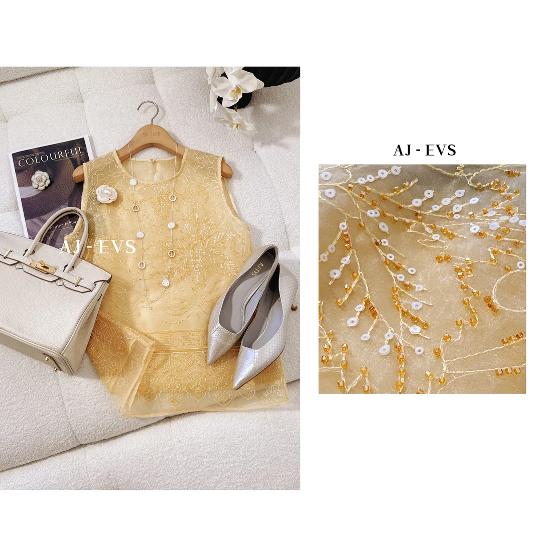 AJ-EVS【贵妇韵味· 重工刺绣钉珠无袖真丝上衣】