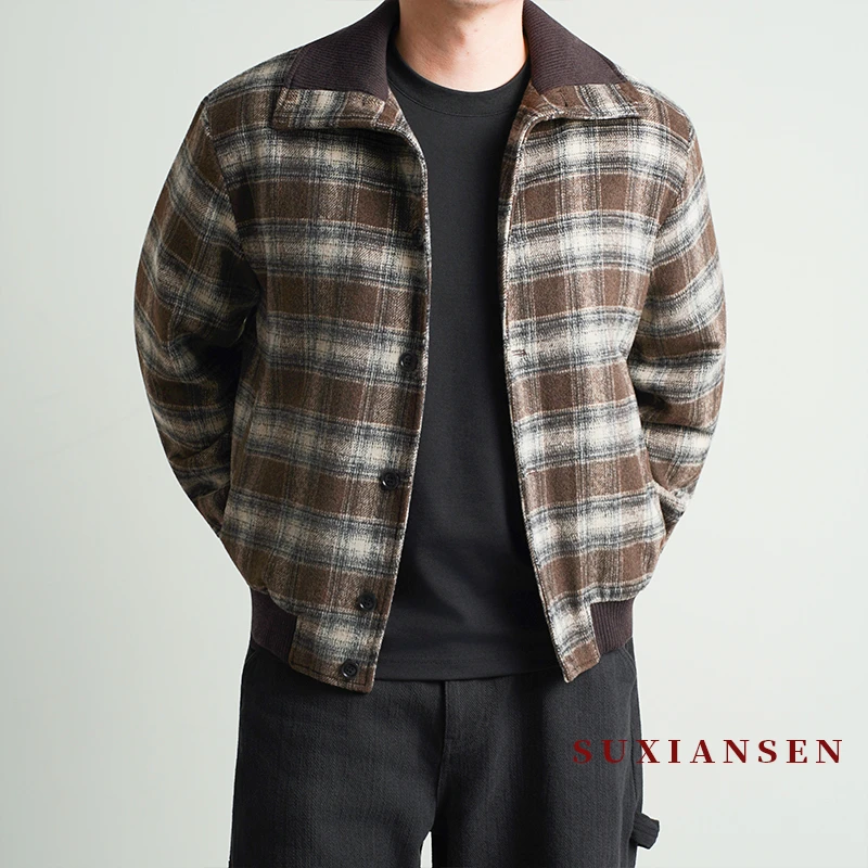 【大头叔叔】冬季绵羊毛保暖休闲罗纹拼接设计格子羊呢棉服DDW7707