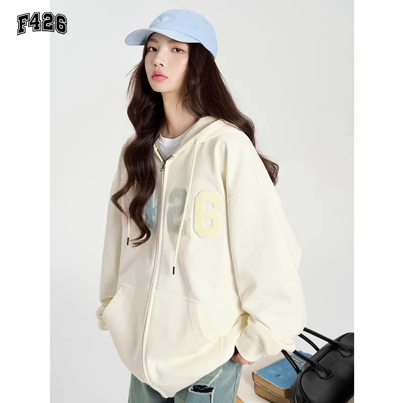 F426国潮牌情侣嘻哈春季彩虹刺绣毛巾绣外套百搭休闲开衫卫衣5569