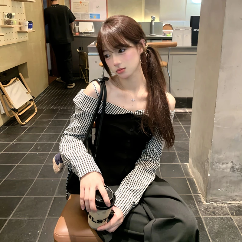 【9006】大码女装胖mm假两件格子拼接长袖T恤秋季露肩小衫上衣