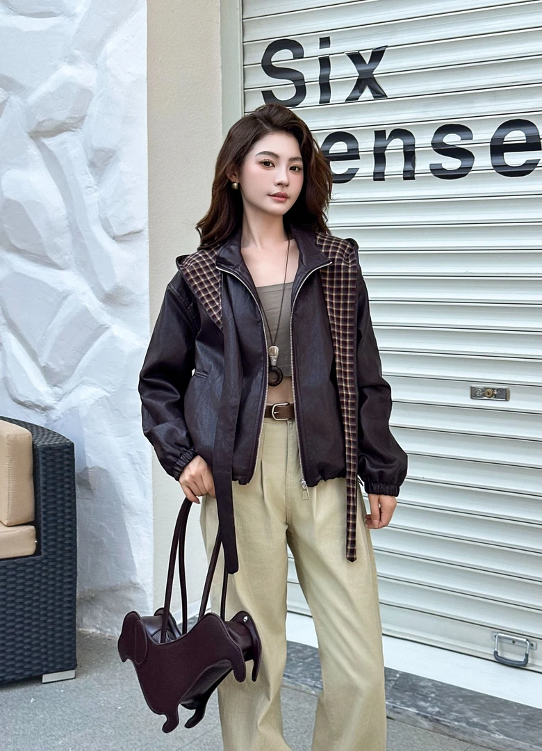 861#秋冬时尚新款夹棉韩版皮衣长53
