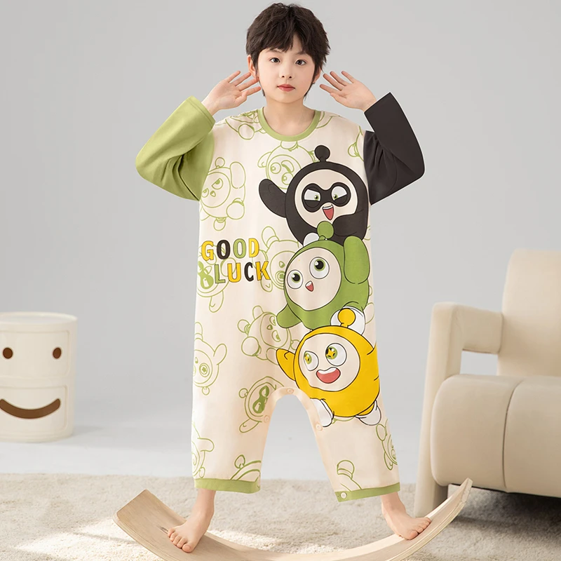 男童连体睡衣春秋纯棉薄款空调服儿童卡通蛋仔暗扣睡袋宝宝连身衣