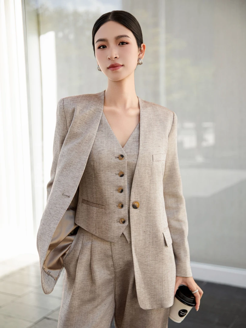 【流金岁月】艾米AMY早秋V领一粒扣系带H型亮丝亚麻西装外套25085