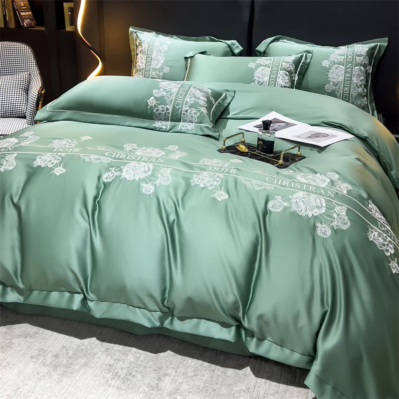 莱赛尔兰精天丝刺绣四件套铃木花-绿