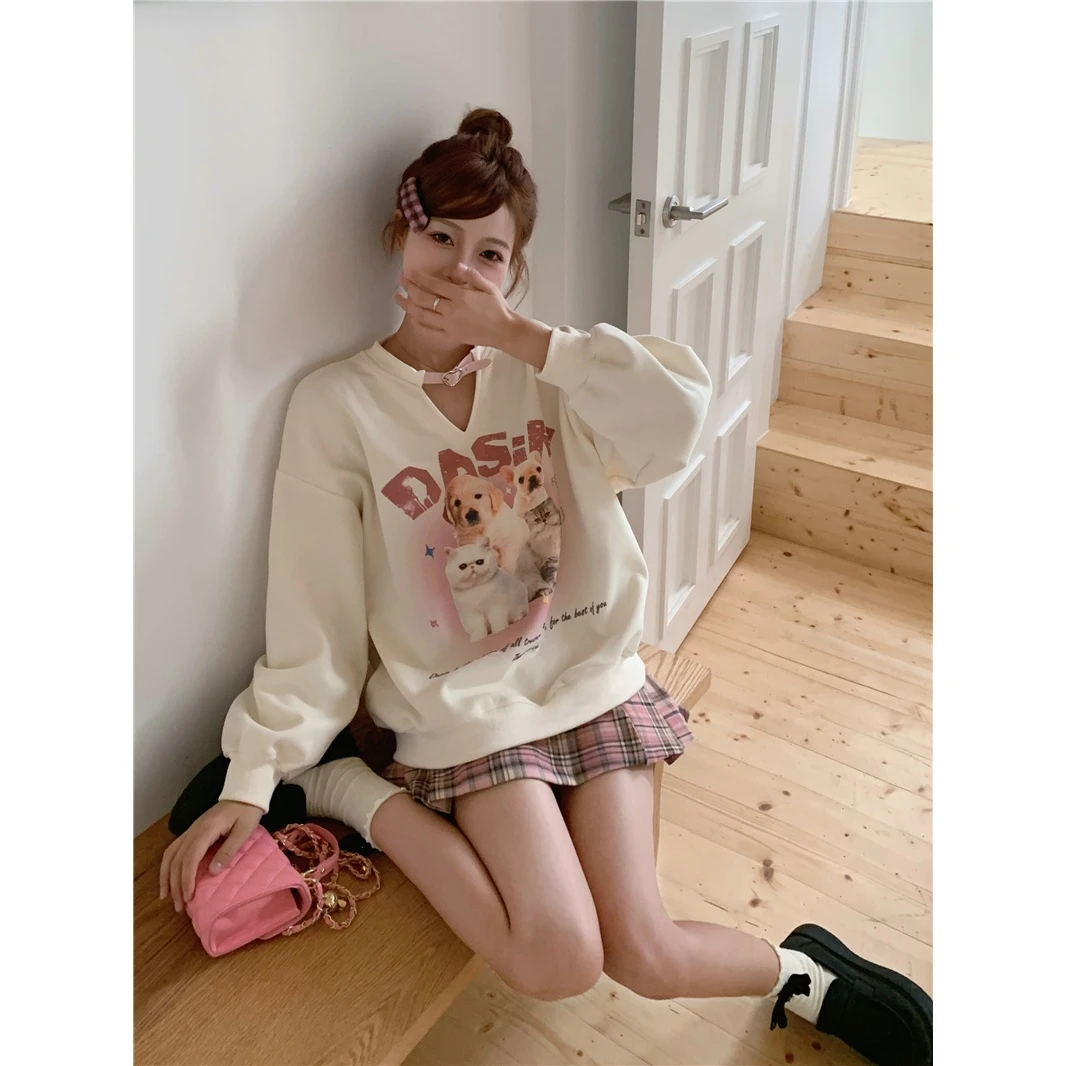 大码甜美v领印花宽松长袖卫衣格子半身裙套装