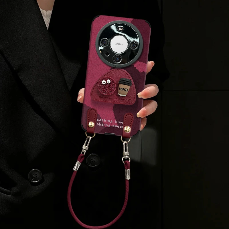 煤球咖啡适用于华为mate60手机壳瞳眼小羊皮支架高颜值防摔女款