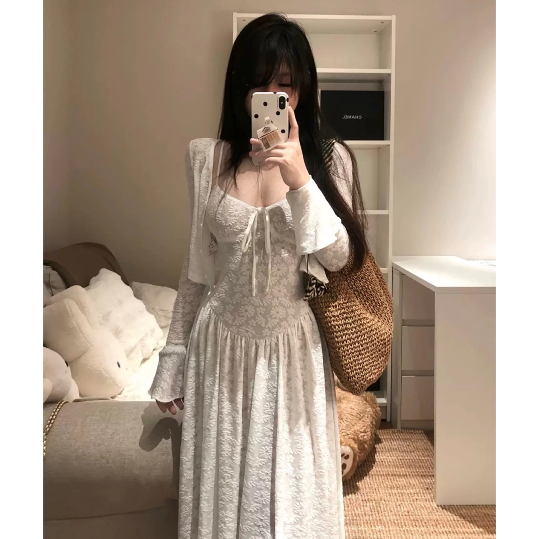 WANZI【杏雨梨花】长裙收腰法式纯欲风修身吊带裙V领吊带连衣裙蕾丝