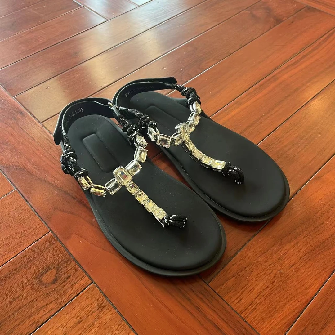 MYL 时尚亮钻黑色凉鞋休闲平底夹趾外穿厚底百搭女款女鞋