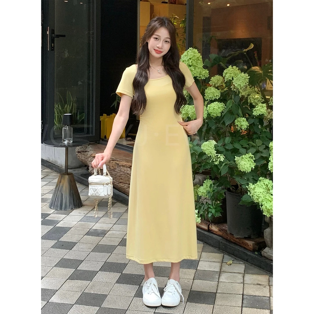 【现货】夏季新款显瘦小众修身褶皱中长款连衣裙-2172