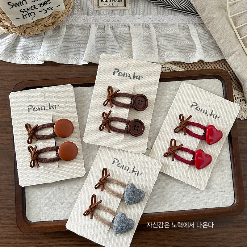 韩国新款秋冬纽扣爱心皮质儿童少女百搭蝴蝶结刘海夹边夹女童发饰