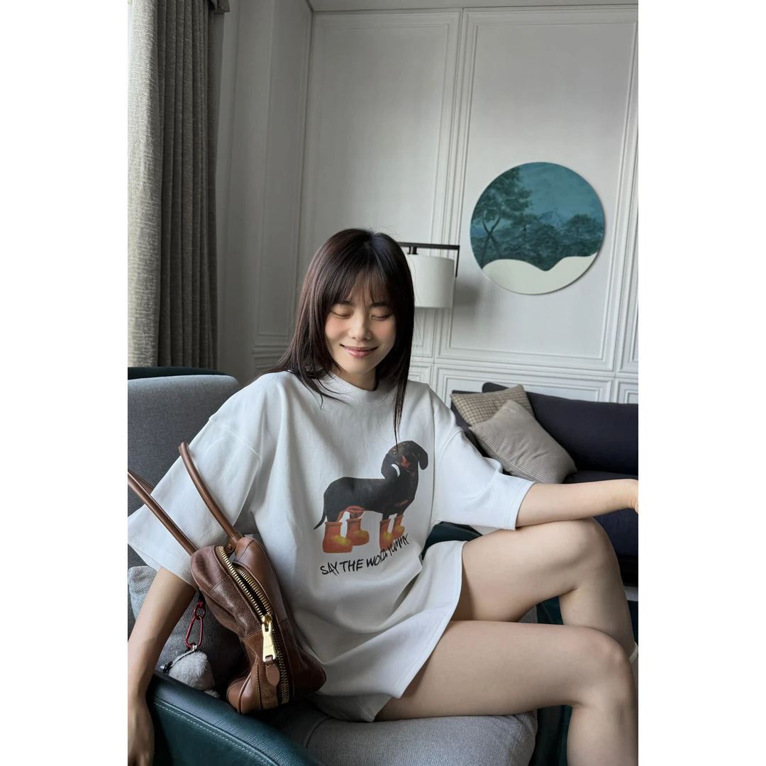 井迪儿【腊肠】65%棉美式休闲舒适小狗数码印花百搭宽松短袖T恤