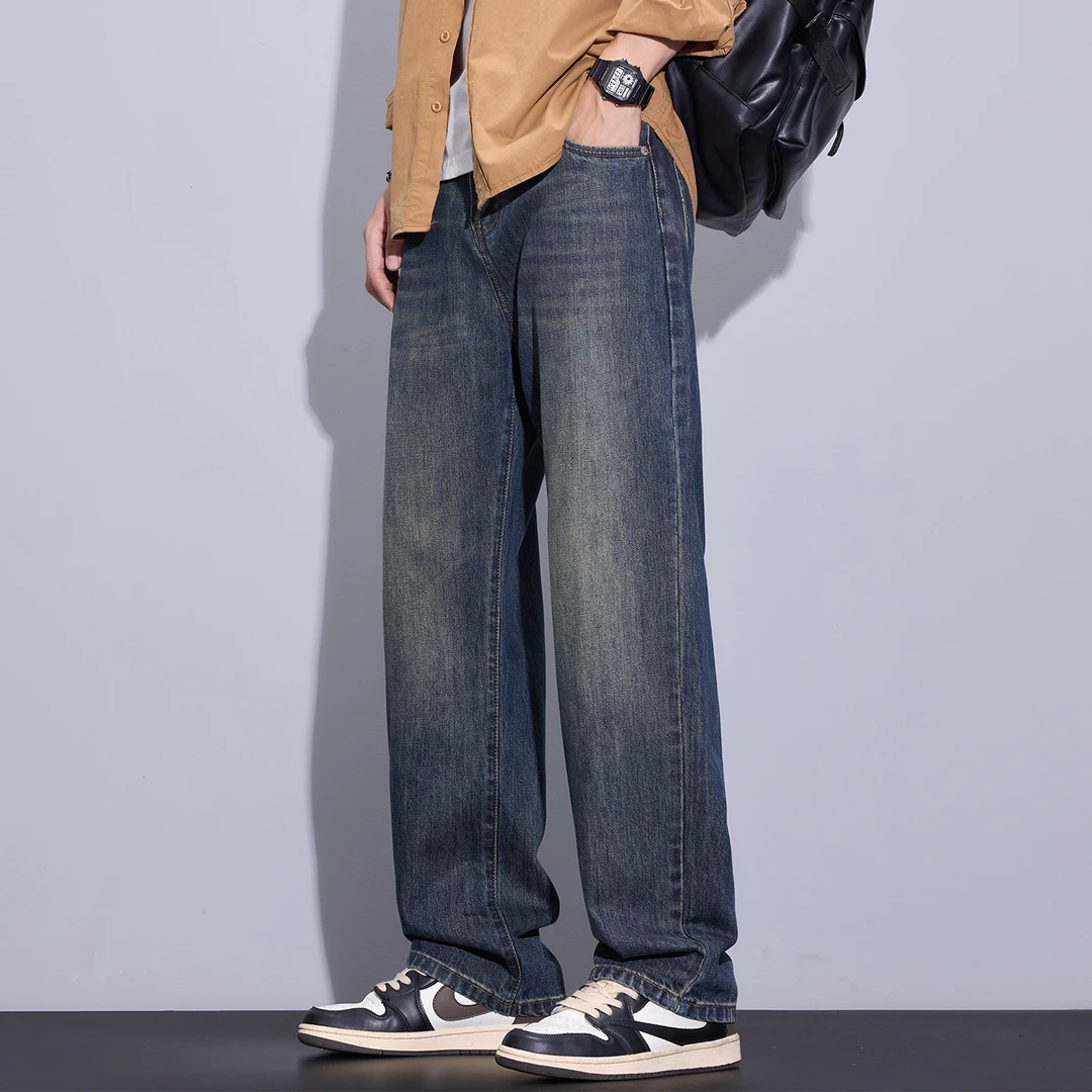 Kuvine2025秋季新款宽松直筒水洗潮流美式复古舒适耐磨男士牛仔裤