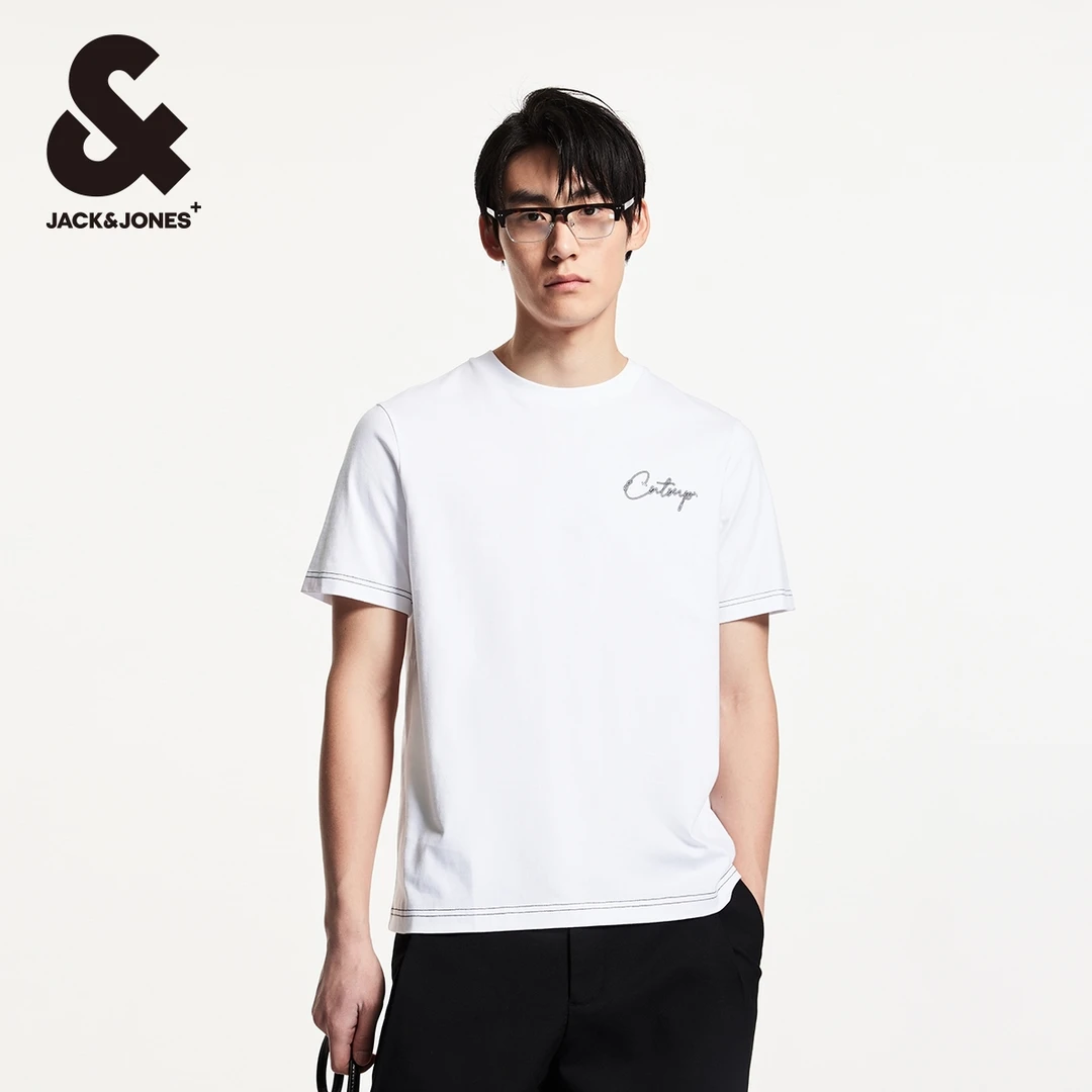 杰克琼斯夏季胸前艺术感立体胶印舒适百搭潮基础罗纹圆领T恤男装