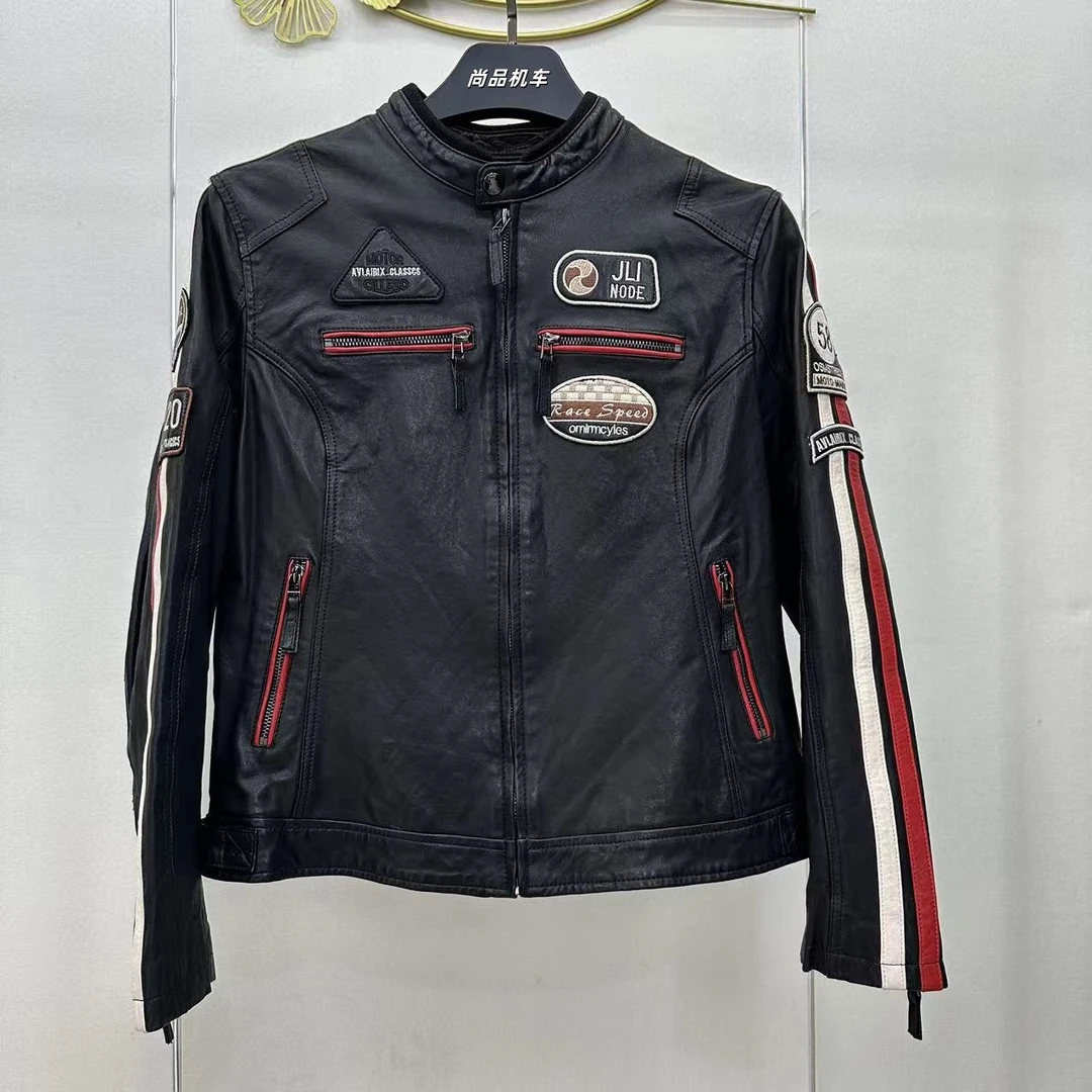 尚品机车黑红拼接女士全植鞣绵羊皮机车服摩托骑行服立领刺绣皮衣